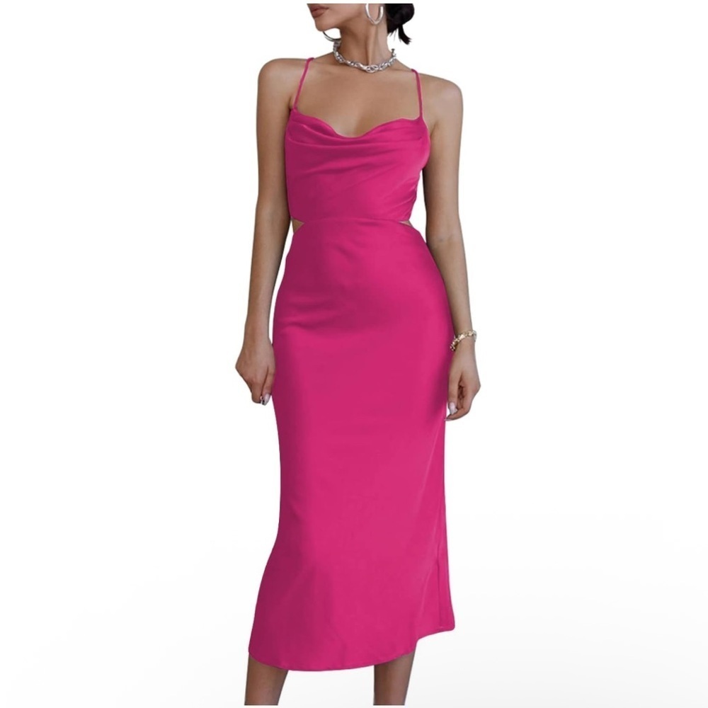 NWT Women’s Pink Satin Slip Open Back Crisscross Cowl Neck Midi Dress Sz Medium